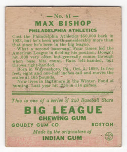 1933 Goudey BITW Max Bishop RC Philadelphia Athletics #61