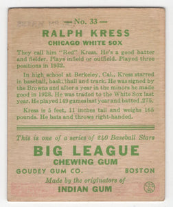 1933 Goudey BITW Ralph Kress Chicago White Sox #33