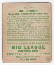 Load image into Gallery viewer, 1933 Goudey BITW Joe Cronin RC Washington Senators #189