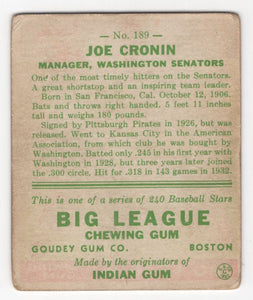 1933 Goudey BITW Joe Cronin RC Washington Senators #189