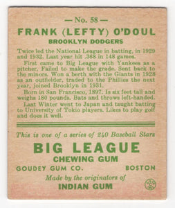 1933 Goudey BITW Frank Lefty O'Doul RC Brooklyn Dodgers #58